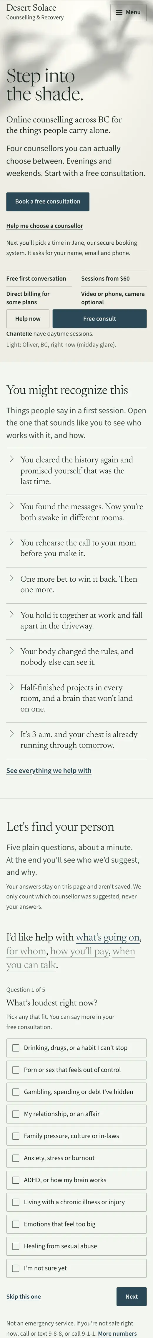 The Desert Solace rebuild on a phone, scrolling from the headline 'Step into the shade' down to the counsellors