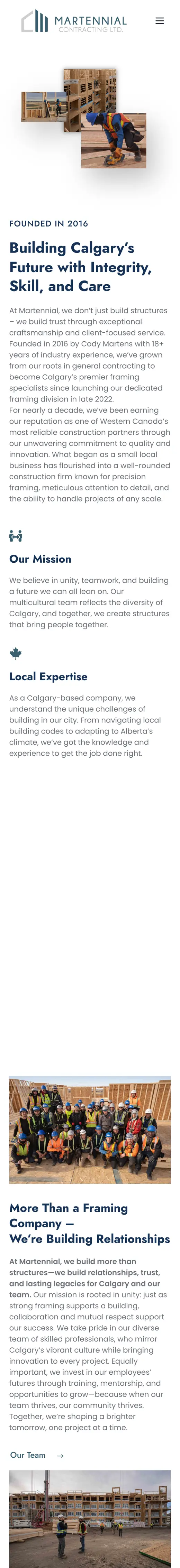 The Martennial Contracting site on a phone, scrolling through their mission, crew and projects