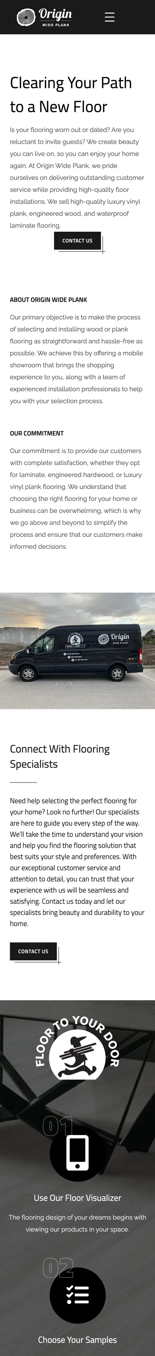 The Origin Wide Plank site on a phone, scrolling from 'Clearing your path to a new floor' to their delivery van